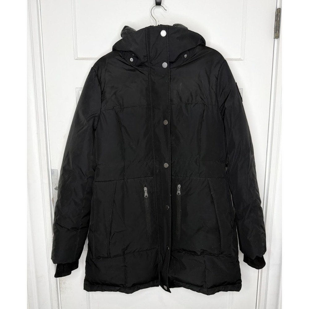 Pajar Canada Black Down Puffer Parka Coat Hood Full Zip Pockets Logo L G